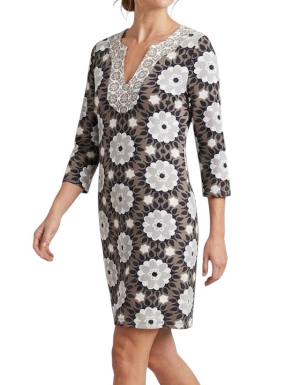 Boden Floral Pattern Brown Taupe Neutral Mini Casual Resort Dress Size 4 Small
